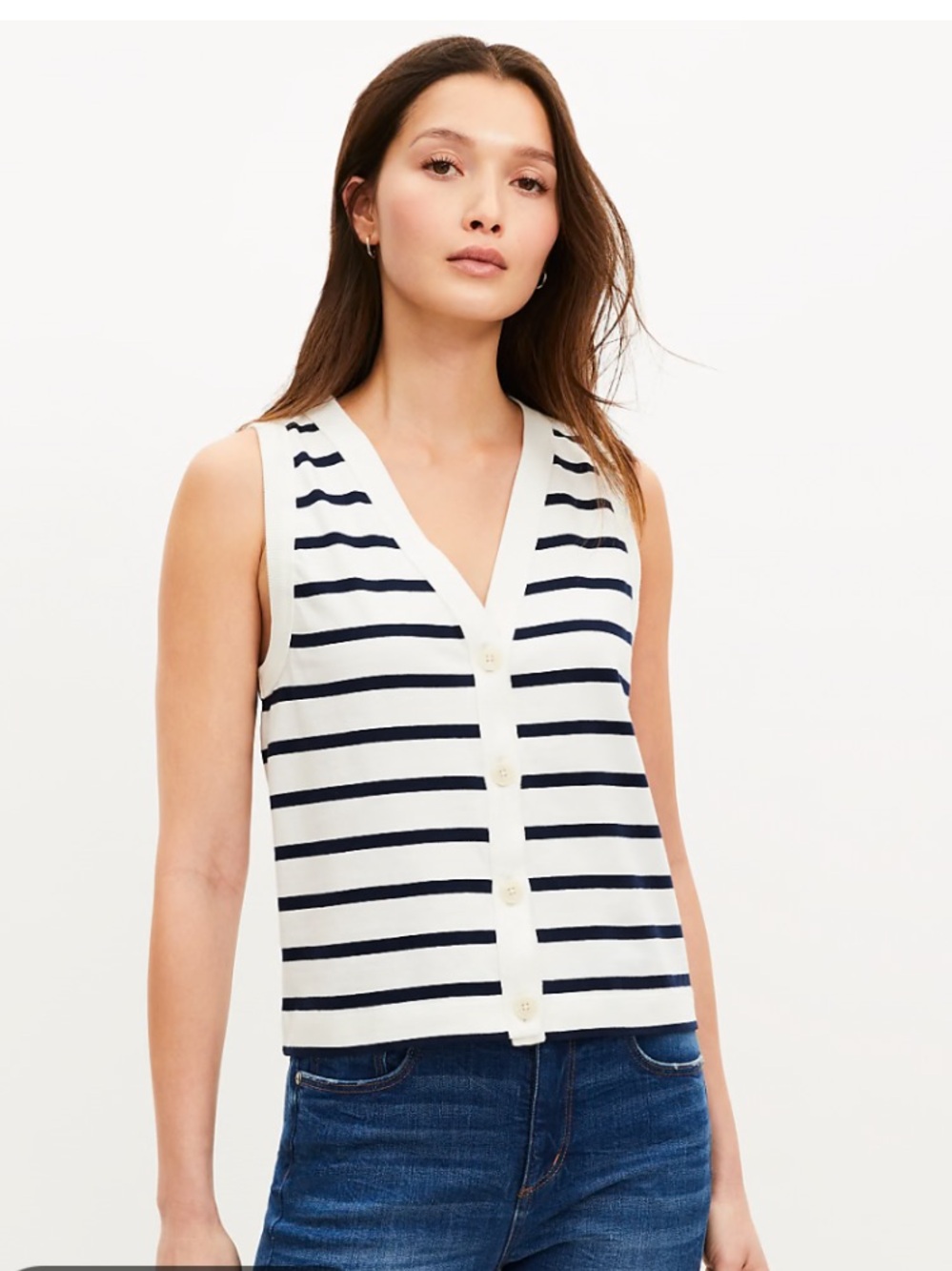 LOFT White and Navy Striped V-Neck Button Tank Size Large